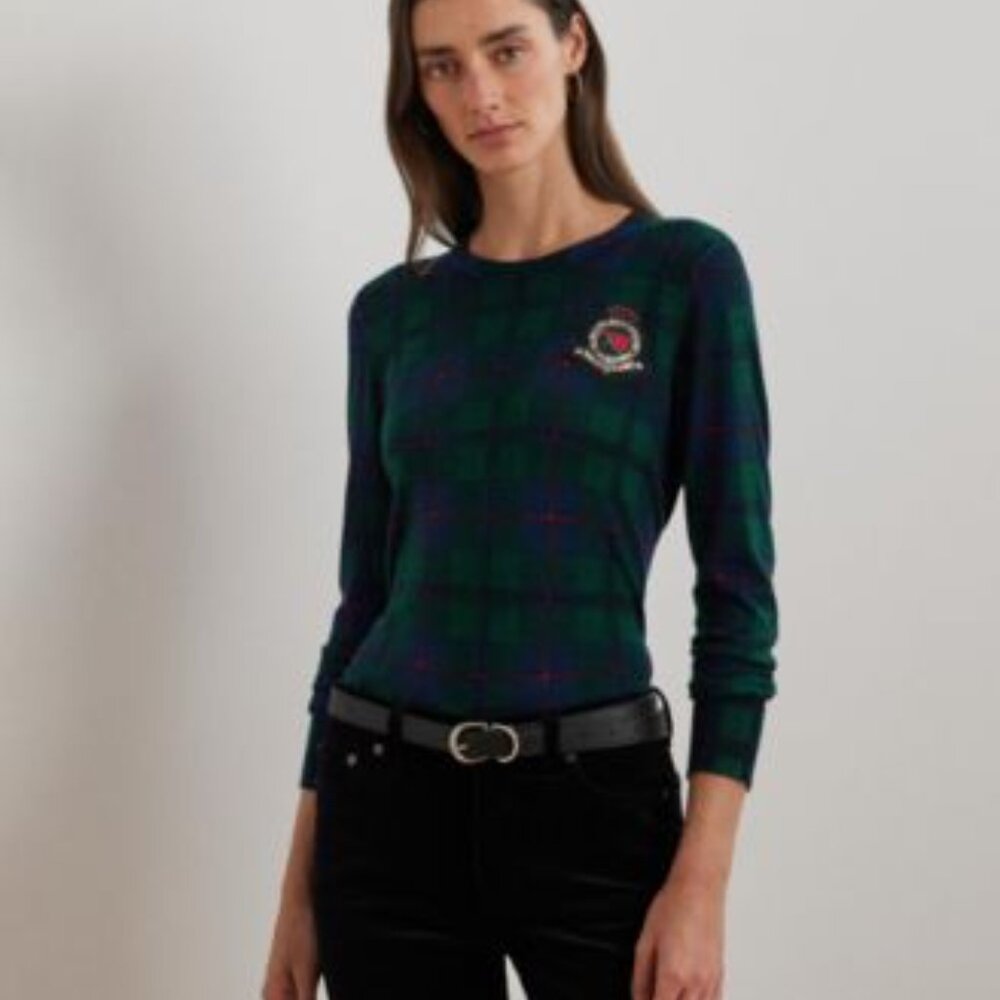 NWT Lauren Ralph Lauren holiday plaid sweater with logo patch size large